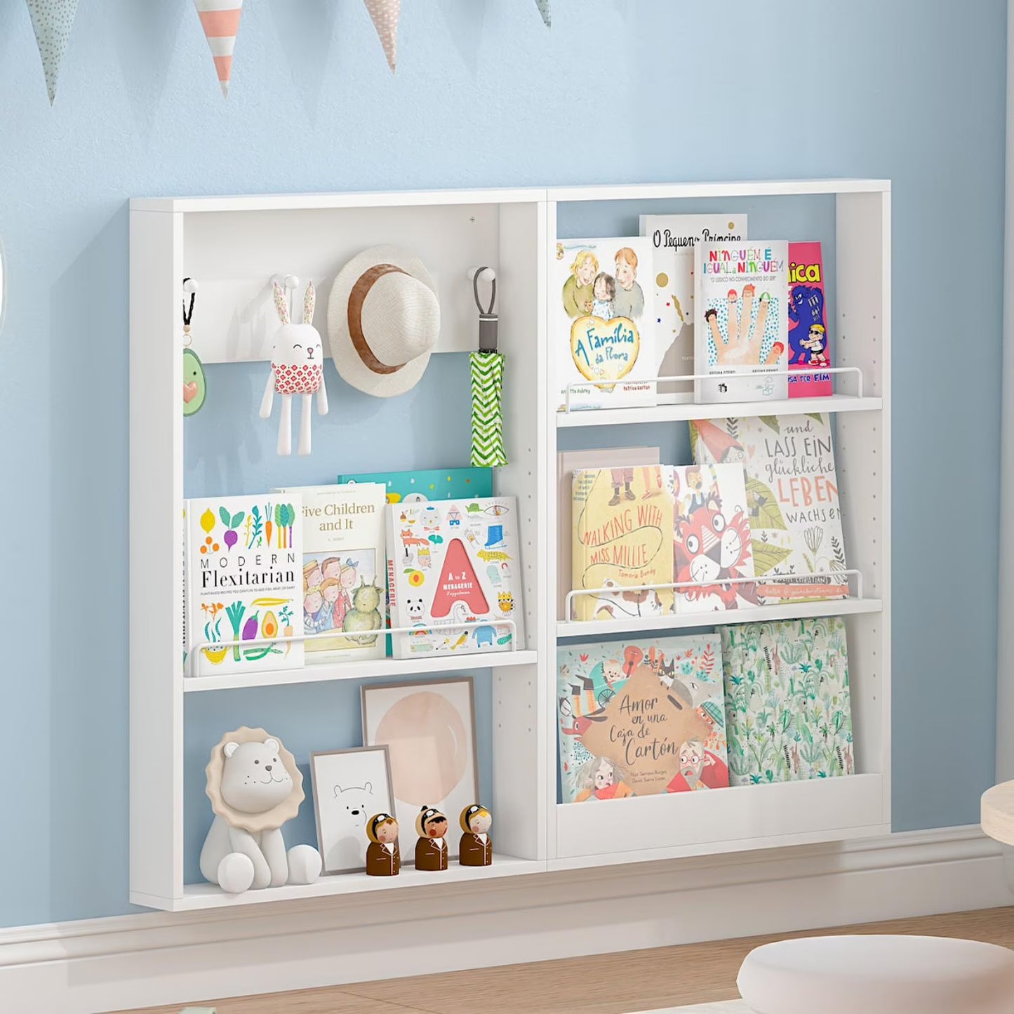 Advwin 5-Tier Wall Mounted Kids Bookshelf with Adjustable Shelves, Wooden Book Shelf Organizer, Behind Door Bookcase Display Shelf for Kids Room, Nursery, Playroom, Natural