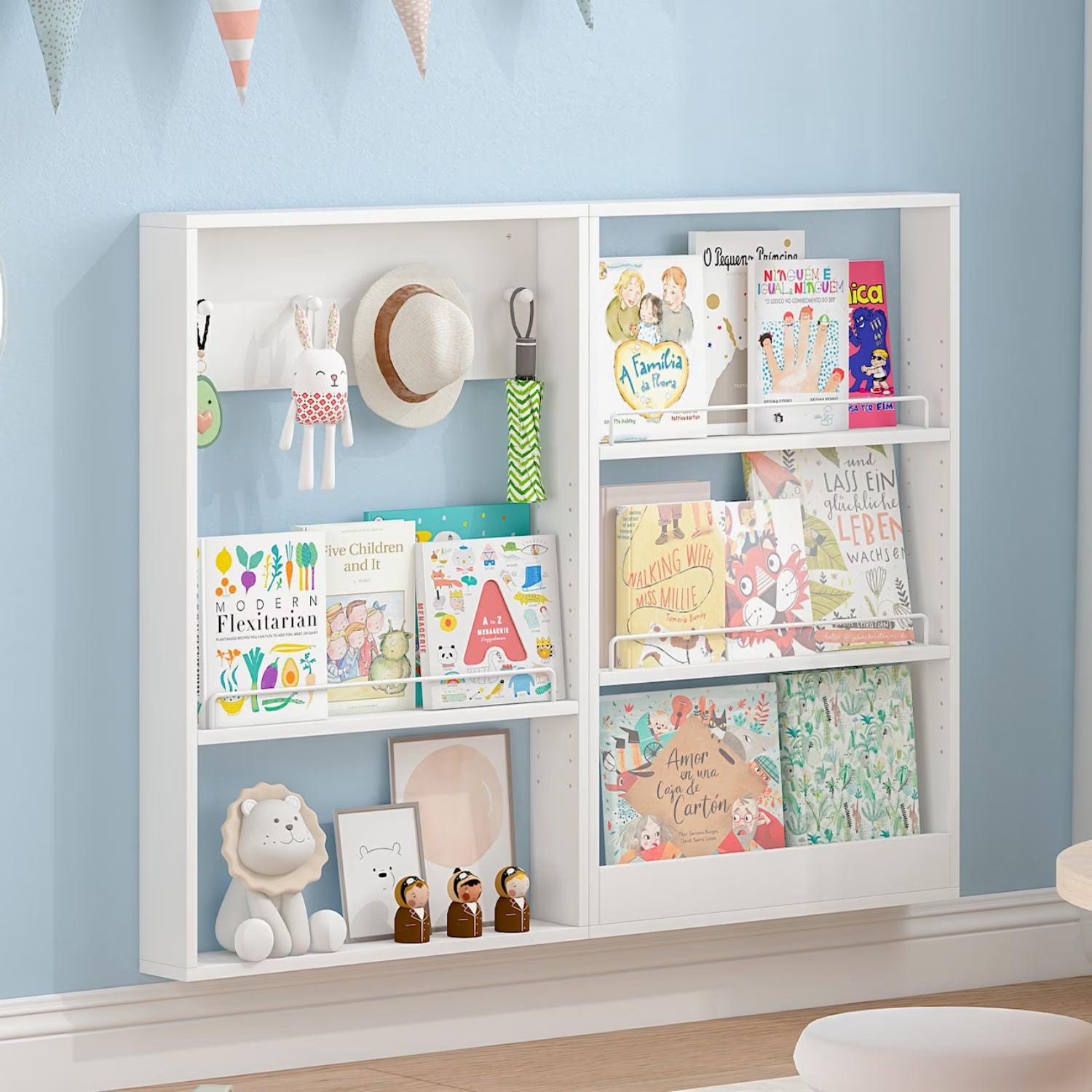 Advwin 5-Tier Wall Mounted Kids Bookshelf with Adjustable Shelves, Wooden Book Shelf Organizer, Behind Door Bookcase Display Shelf for Kids Room, Nursery, Playroom, Natural