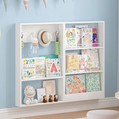 Advwin 5-Tier Wall Mounted Kids Bookshelf with Adjustable Shelves, Wooden Book Shelf Organizer, Behind Door Bookcase Display Shelf for Kids Room, Nursery, Playroom, Natural