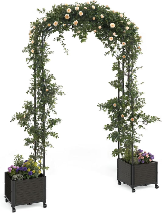 Garvee Metal Garden Arch Trellis for Climbing Plants, 2 Raised Planter Box, 78.73*15.74*94.5", Black