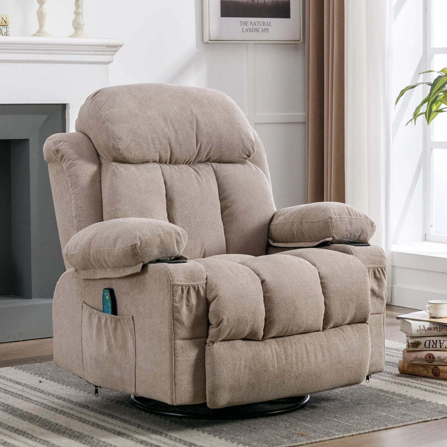SYNGAR Manual Recliner Chair with Heat and Massage Function, Fabric Upholstery Recliner for Home Living Room Bedroom Nursery, Swivel Rocker Sofa Chair with USB Port and 2 Cup Holders, Beige