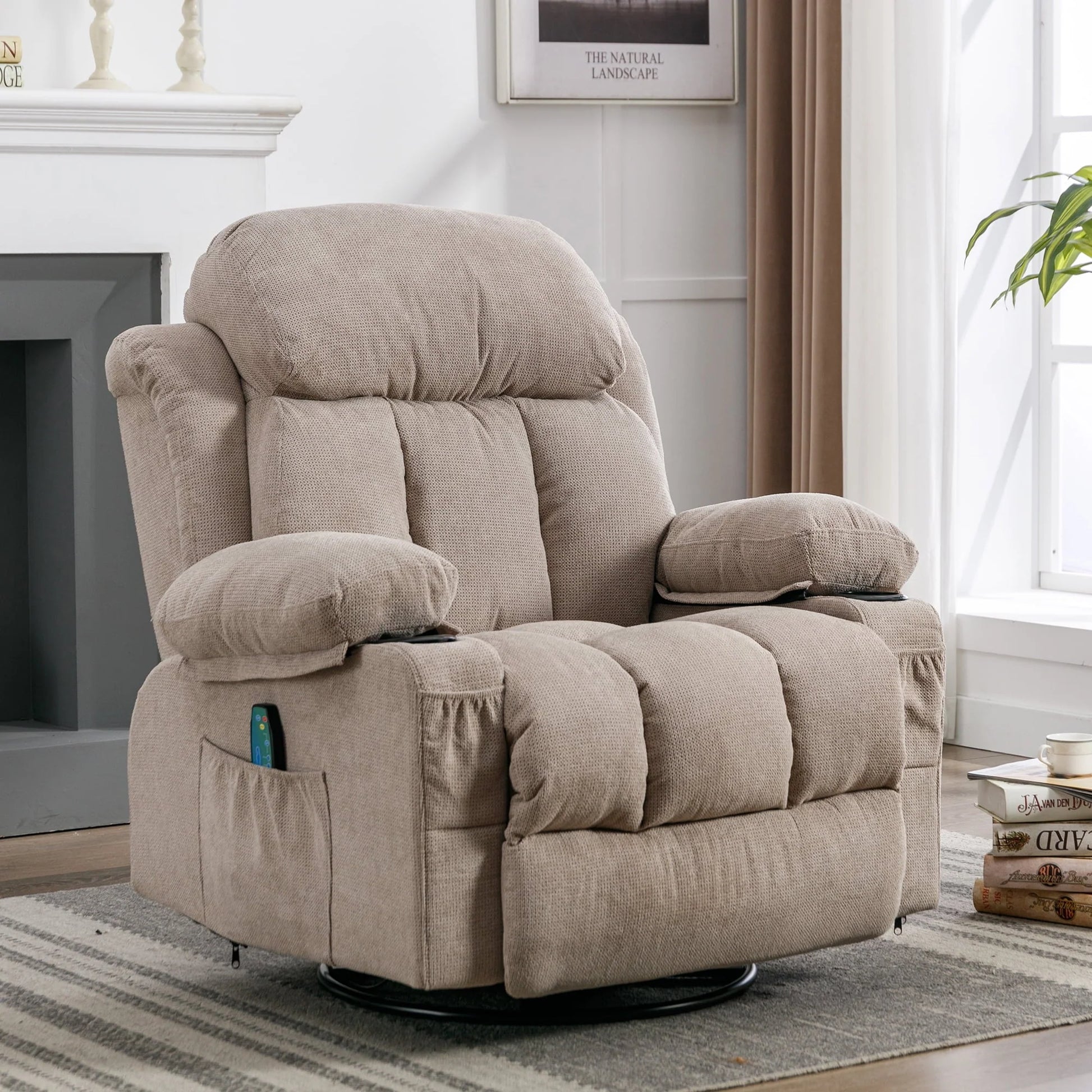 SYNGAR Manual Recliner Chair with Heat and Massage Function, Fabric Upholstery Recliner for Home Living Room Bedroom Nursery, Swivel Rocker Sofa Chair with USB Port and 2 Cup Holders, Beige