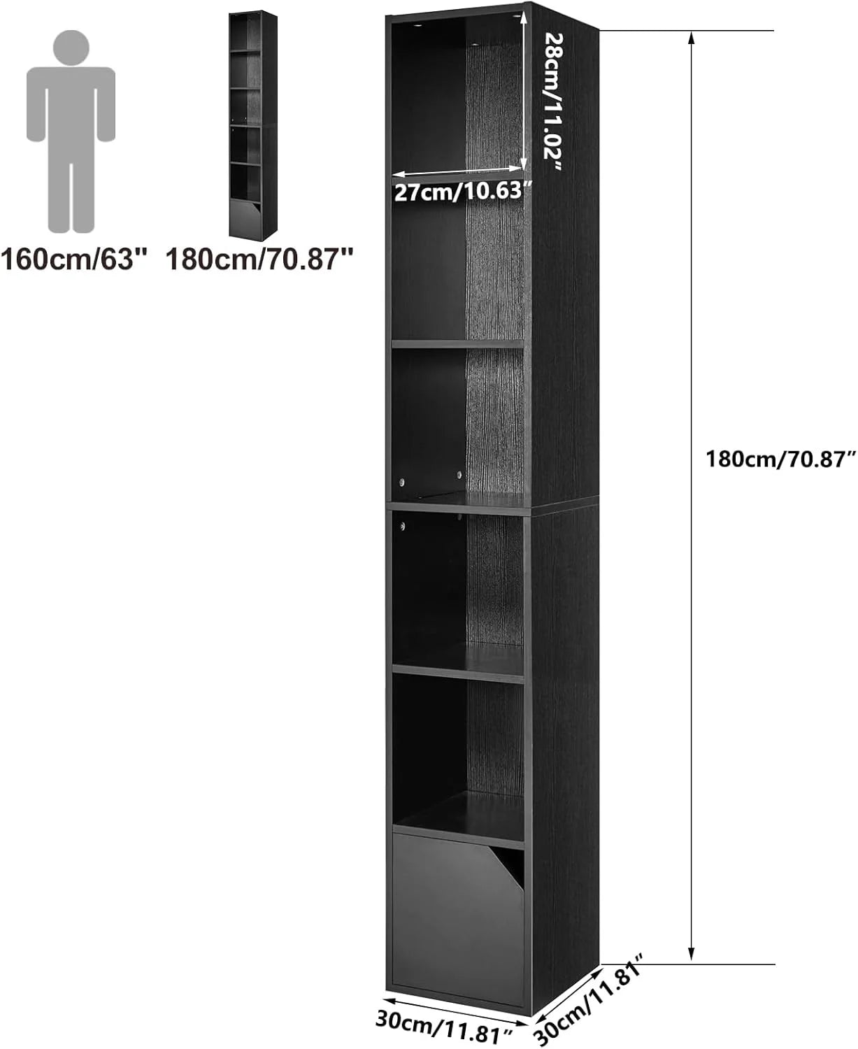 6 Tier Narrow Bookcase with Doors, Cube CD DVD Storage Cabinet,Slim Media Tower Rack,Cabinet,Black Bookcase Display Storage Shelves for Small Spaces,for Home Office Black