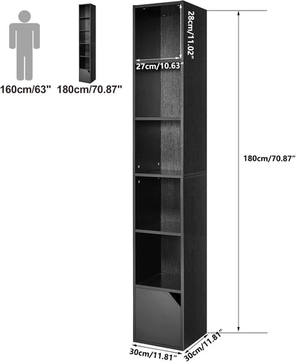 6 Tier Narrow Bookcase with Doors, Cube CD DVD Storage Cabinet,Slim Media Tower Rack,Cabinet,Black Bookcase Display Storage Shelves for Small Spaces,for Home Office Black