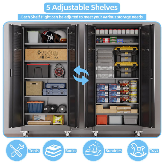 Gaeanet Rolling Tool Storage Cabinet with 5 Adjustable Shelves and Pegboard,Metal Garage Storage Cabinet with Wheels for Garage Home Office Utility Room,71" H32" W16" D,Required Assembly, Black