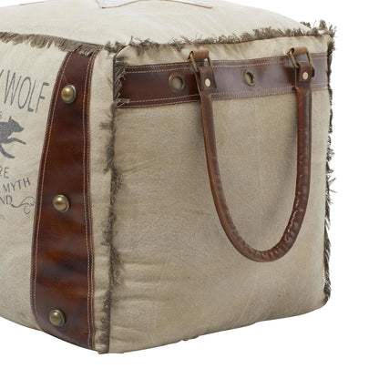 DecMode Rustic and Organic Square Ottoman Fabric Pouf features White Canvas and Brown Leather Handles with "Lonely Wolf" and Star Designs, 20"W x 19"H