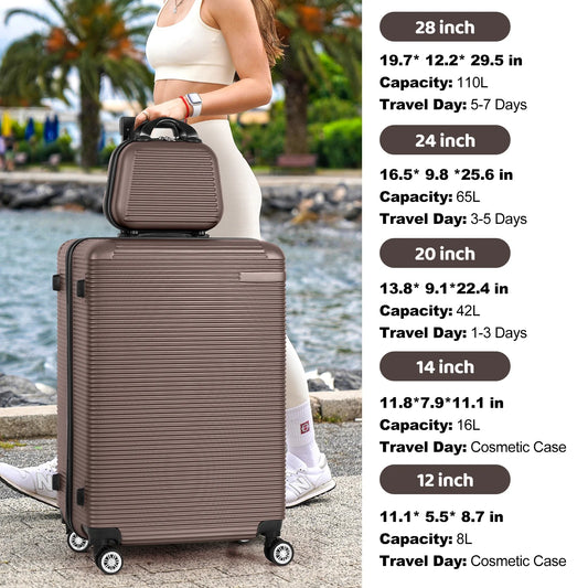 5 Piece Travel Luggage Set, 12" 14" 20'' 24" 28'' Expandable Lightweight Suitcase with Noise-free Double Spinner Wheels & TSA Lock, ABS Hardshell Suitcase for Vacation, Brown