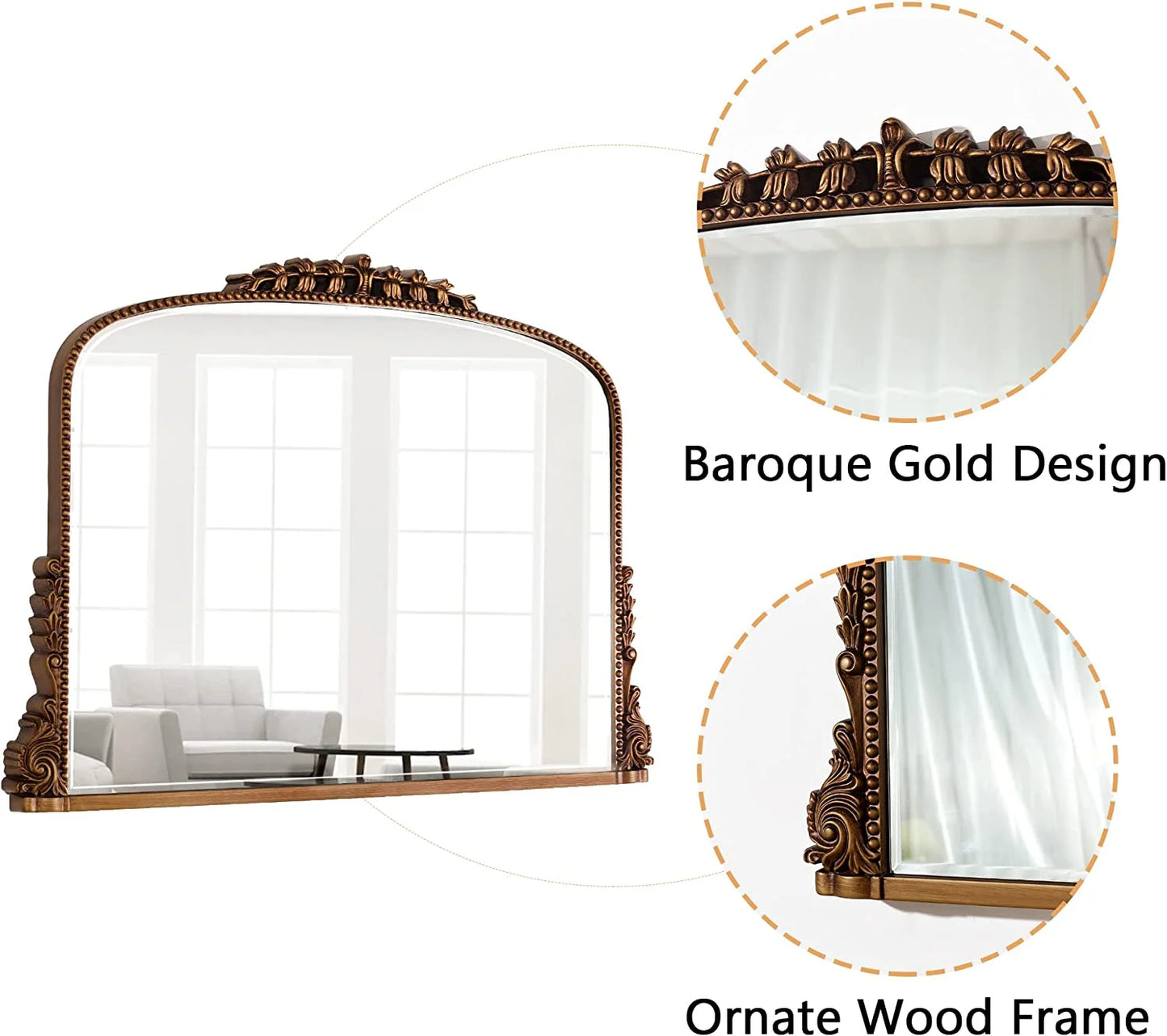 Shyfoy Large Arch Wall Mirror Ornate Mirror for Living Room Decor Anqitue Gold Decorative Mirrors for Wall 36" x 23"