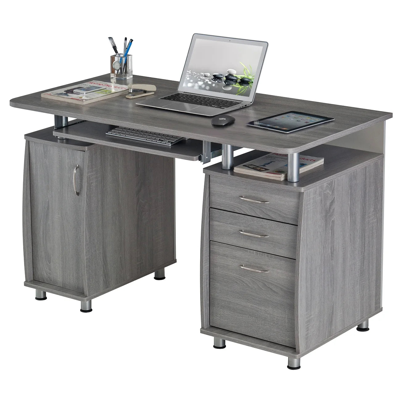 Workstation Computer Desk with Storage in Grey, L-Shaped Office Desk with Bookshelf, CPU Stand, Keyboard Tray for Home Office and Study