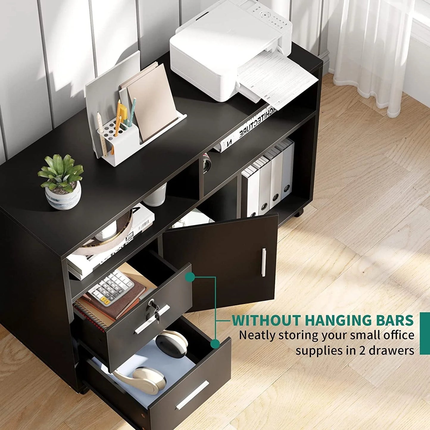 Dextrus 2 Drawer Wood File Cabinet, Mobile Lateral Filing Cabinet with Lock, Printer Stand with Open Storage Shelves for Home Office, Drawers Without Hanging Bars, Black
