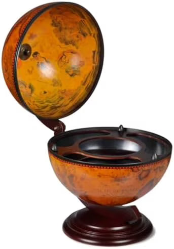 Green & Brown Tabletop Globe Wine Stand - Eucalyptus Wood with Antique Replica Frescoes and 16th Nautical Maps - Assembly Required