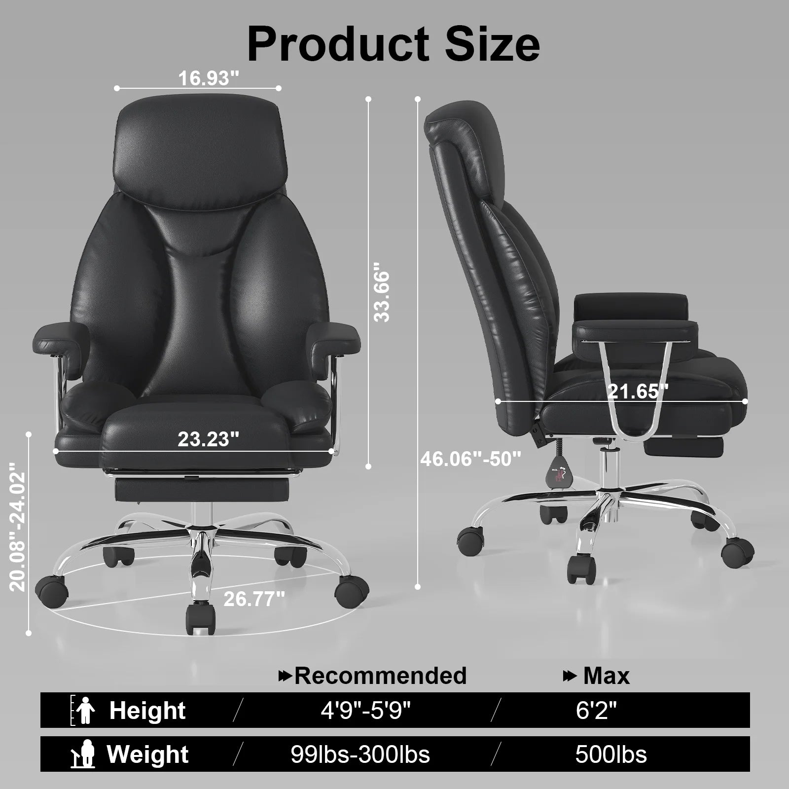 E-Motie Leather Home Office Chair, High Back Ergonomic Chair with Footrest, 500lb, Black
