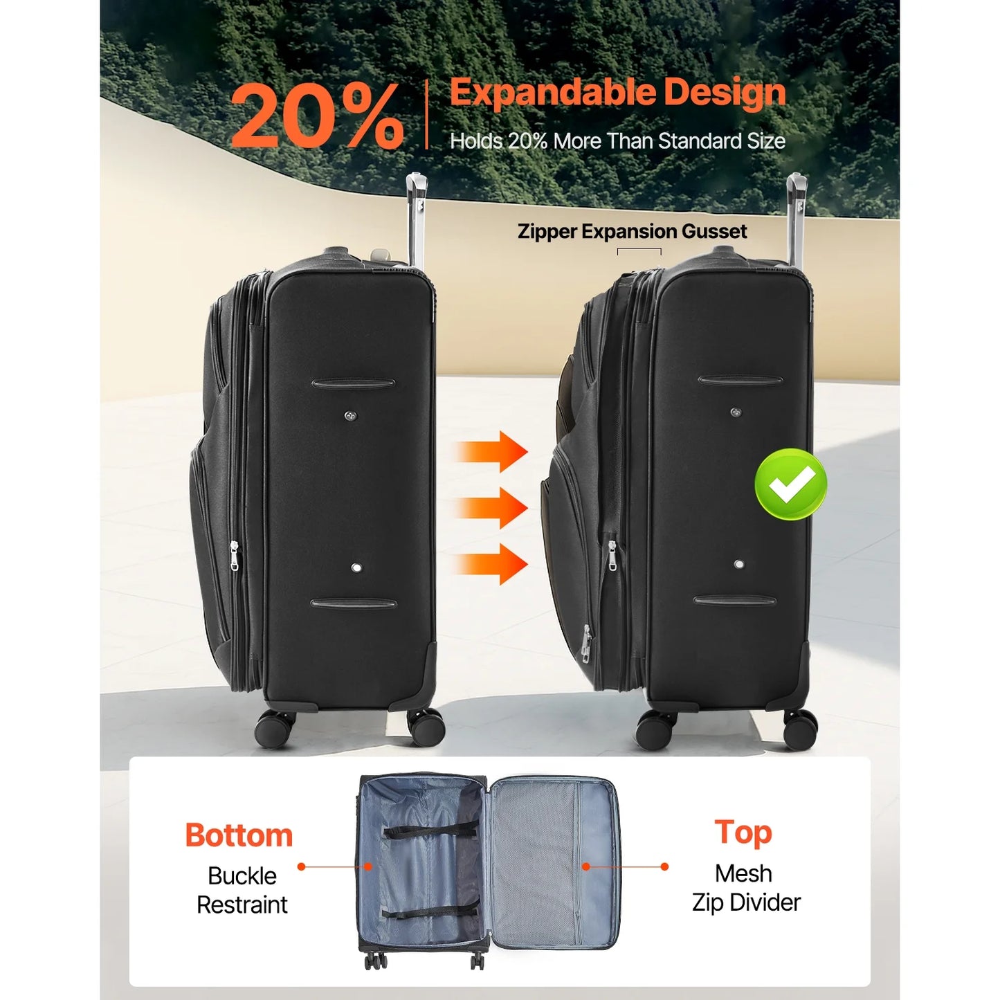 KFFKFF Expandable 28-Inch Softside Luggage with Spinner Wheels, Lightweight Checked Suitcase Featuring TSA Lock and Extra Zippered Pocket, Black