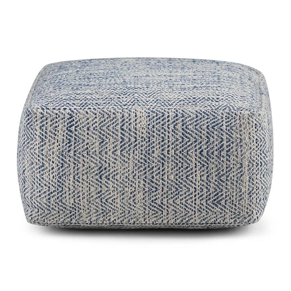 Simpli Home Nate 20 inch Wide Boho Square Pouf in Patterned Denim Mlange Cotton