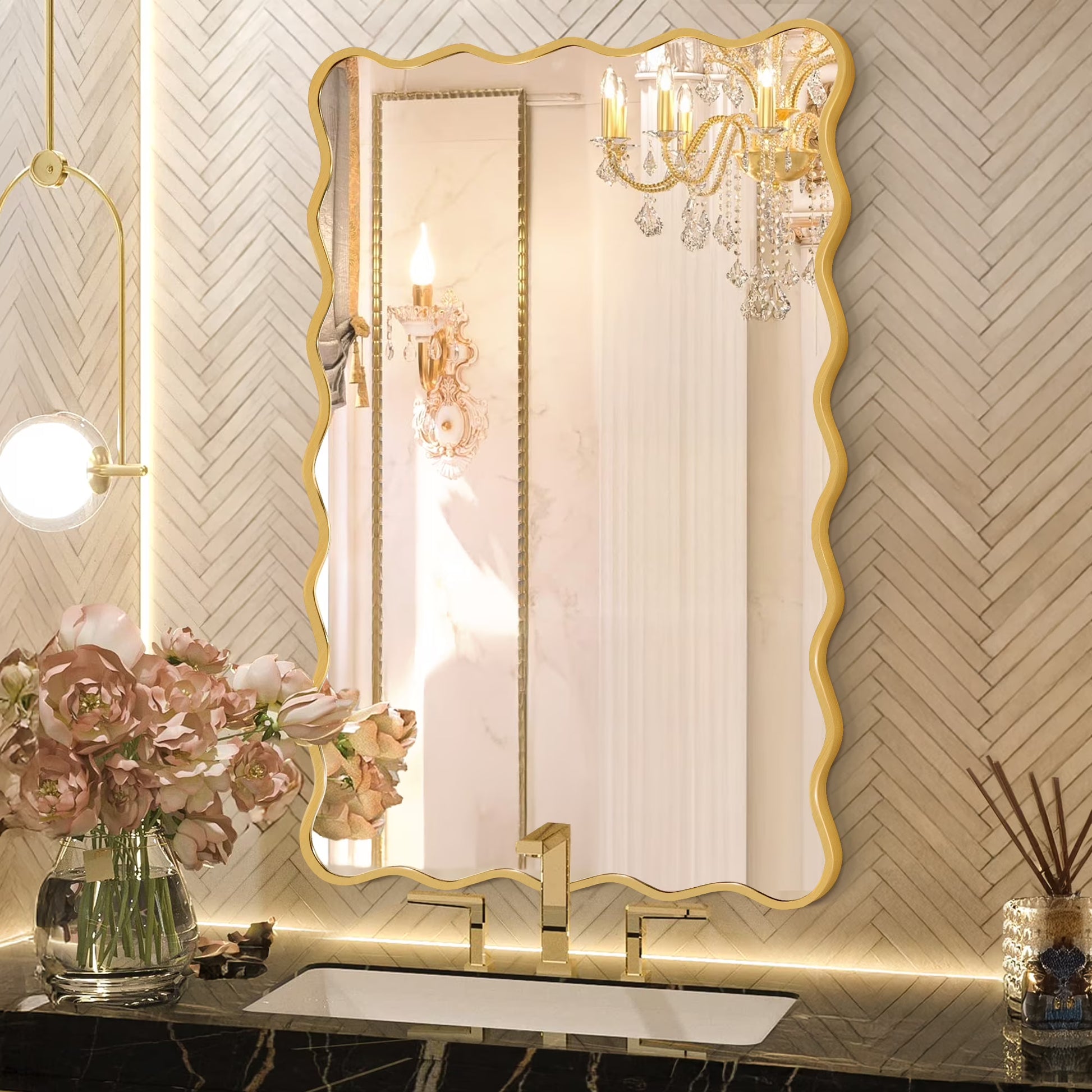 TEWLOSS 24"x36" Rectangle Wavy Wall Mirror Decorative Wall Mirror Gold Aluminum Alloy Framed