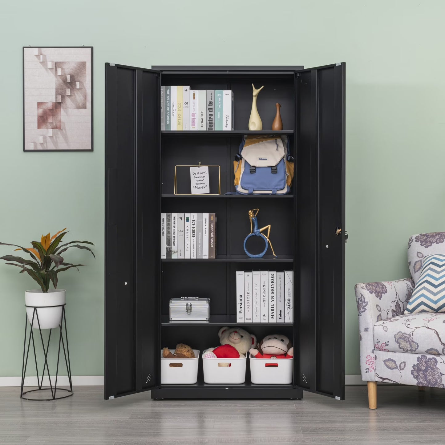 31.5" Metal Storage Cabinet with 2 Doors and 2 Adjustable Shelves, Garage Storage Cabinet with Metal Handles, Metal File Cabinet for Home Office School Gym, Black