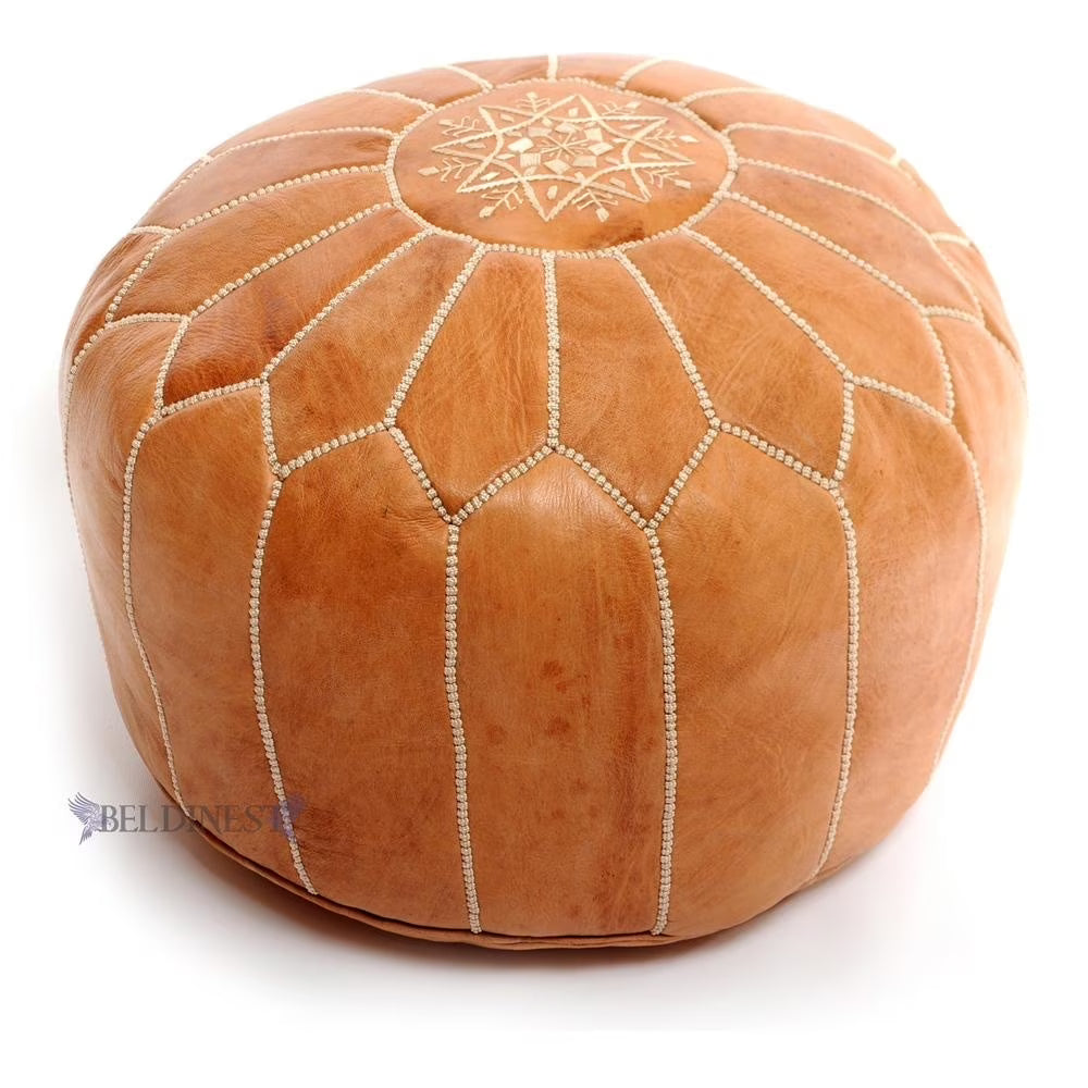 BeldiNest Moroccan Genuine Leather Pouf Ottoman - Pre-Filled, Handmade, Round Ottoman, Bohemian Footstool, Perfect Home Ottoman Footrest, Size: D20" H14"- Turquoise