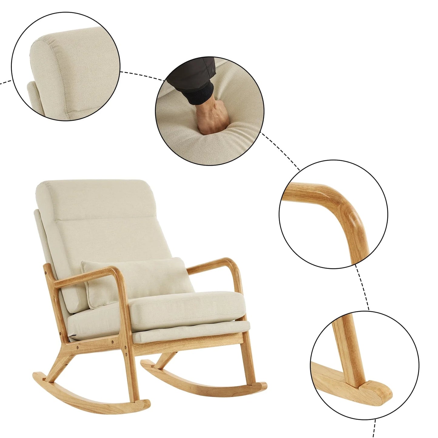 Ktaxon Mid Century Rocking Nursery Chair Solid Wood Frame Accent Chair, Line fabric Upholstered Glider Rocker Modern Padded Armchair with Lumbar Pillow Beige