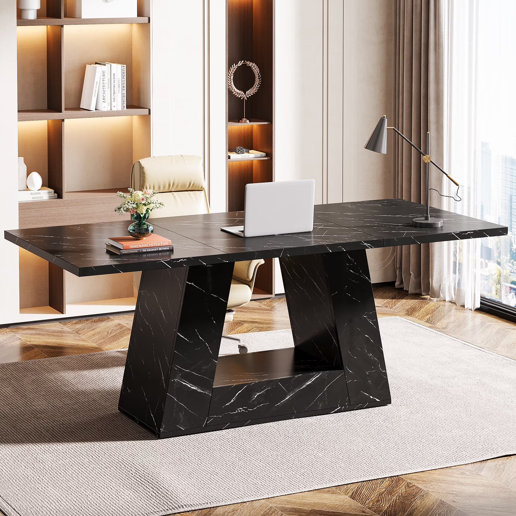 Tribesigns Modern Computer Desk, 63 inch Wooden Faux Marble Study Writing Table with Sturdy Base for Home Office, Black