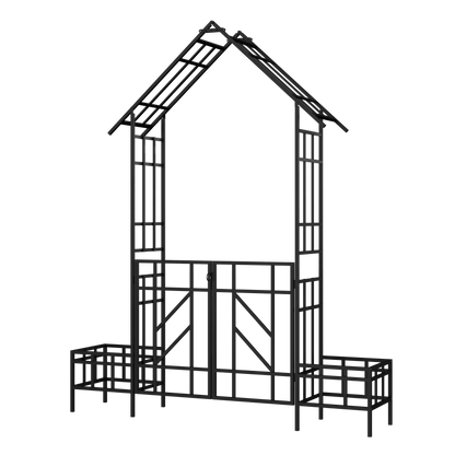 Metal Garden Arch with Gate with planter W80.71*H97.24 Climbing Plants Support Rose Arch Outdoor Black