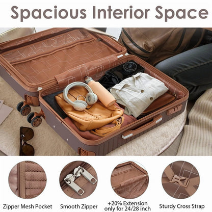 EBQOSK 4PCS Carry On Expandable Luggage Set with 4 Packing Cubes, 16/24/26/28 Inch Three-layer ABS Composite Suitcases with TSA Lock & 360° Spinner Wheels for Family Travel, Expand 25% Space Brown