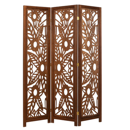3 Panel Room Divider Solid Wood and Canvas with Decorative Cutouts Tree Design 67" Tall Black