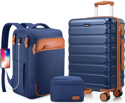 MIUSSE Carry on Luggage Set 3 Piece Hard Shell Luggage Sets with Spinner Wheels TSA Lock Carry on with Backpack Set