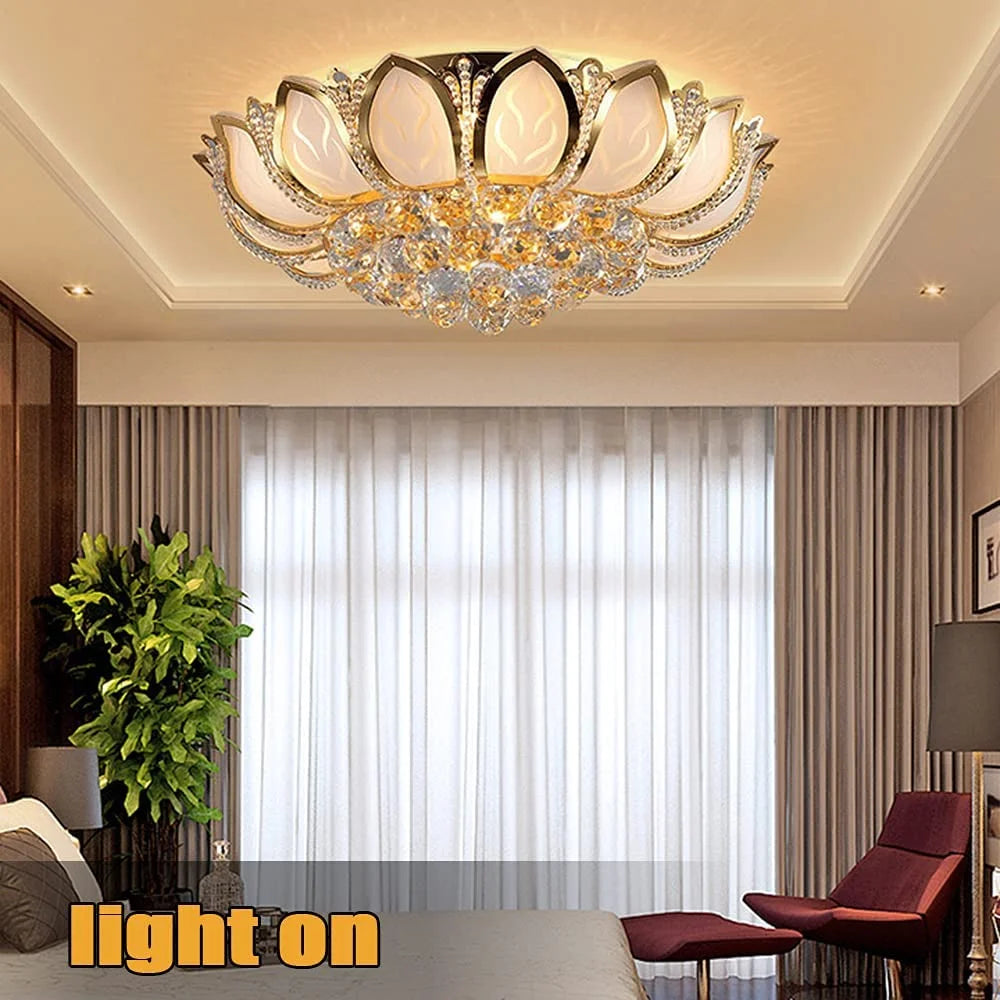 Crystal Ceiling Lamp Modern Chandelier 110V Gold Flower Shape Pendant Light Fixture 23.5 in Bedroom Flush Mount Hanging Lamp for Living Room Bedroom Hallway (No Remote Control)