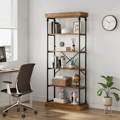 Maritcute 6 Tier Bookshelf Industrial Bookcase Wood Storage Open Rack Shelf Metal Frame Rustic Tall Standing Bookshelves Large Vintage Display Rack for Bedroom,Living Room and Home Office