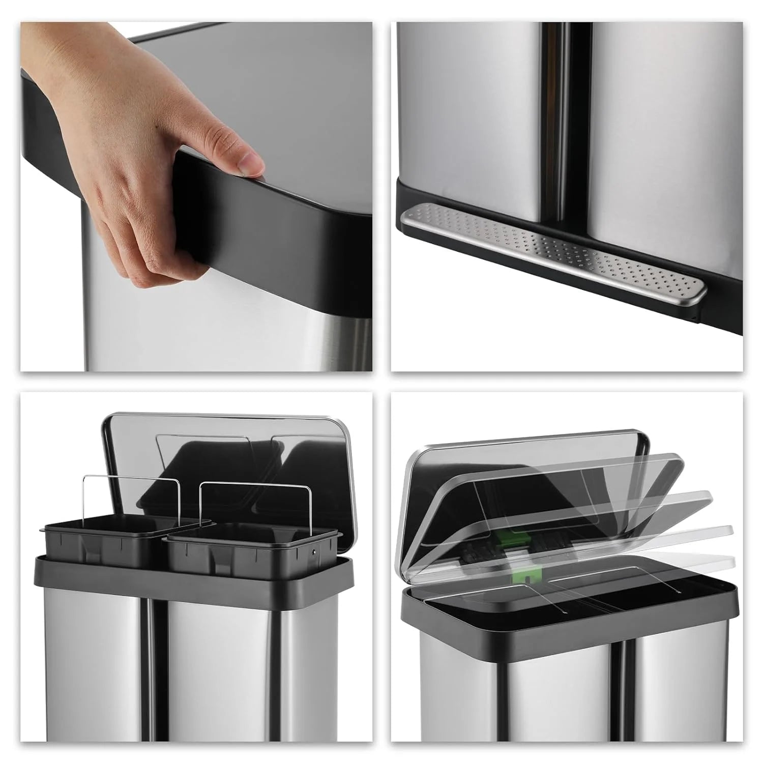 Arlopu 16 Gallon/60L Dual Trash Can, Stainless Steel Kitchen Garbage Can with Soft-Close Lid, Home Office Classified Recycle Bin