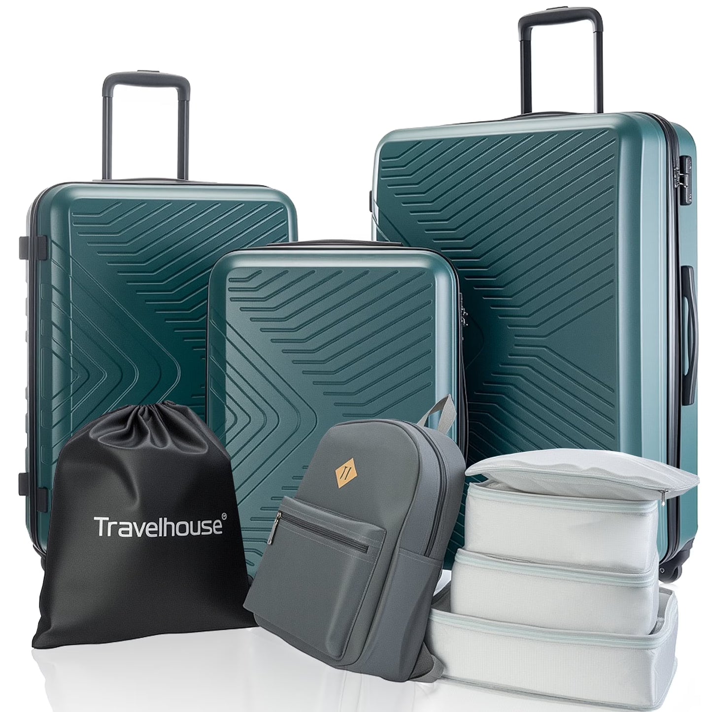 Travelhouse 3 Piece Hardside Luggage Set Hardshell Lightweight TSA Lock Spinner Wheels Suitcase with Backpack and 5 Packing Cubes.Black