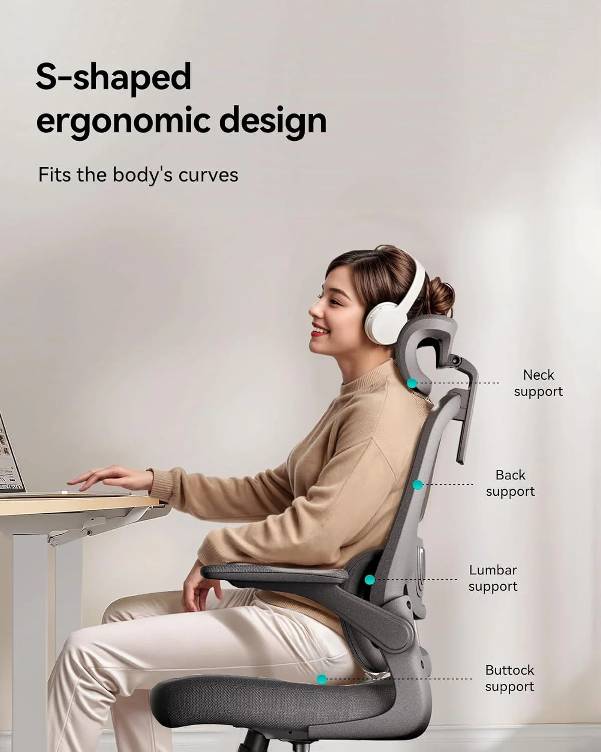 Hbada P1 Ergonomic Office Chair, Desk Chair with Adjustable Lumbar Support, Home Office Desk Chair with 2D Headrest, Flip-up Armrest, Swivel Computer Chair, Black