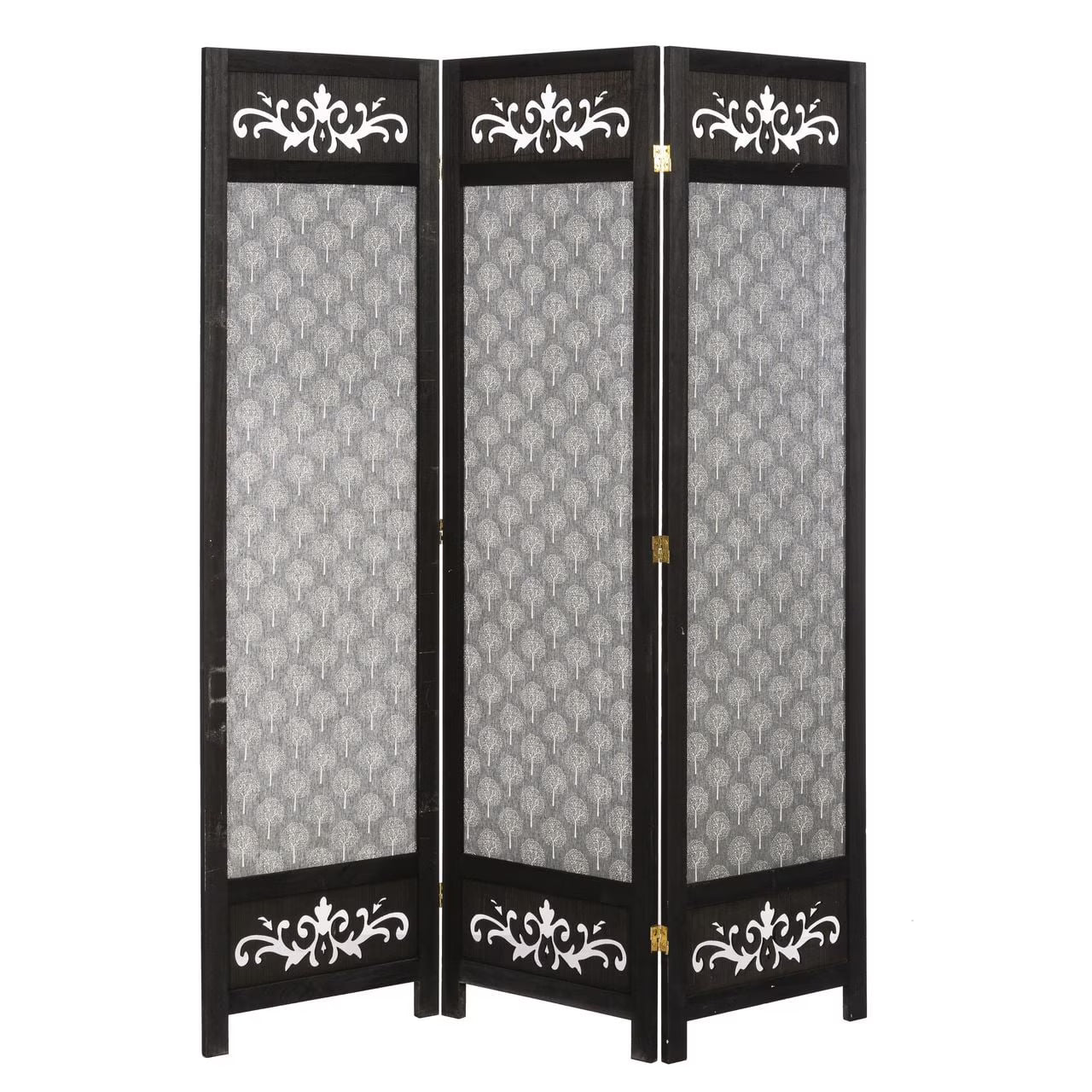 3 Panel Room Divider Solid Wood and Canvas with Decorative Cutouts Tree Design 67" Tall Black