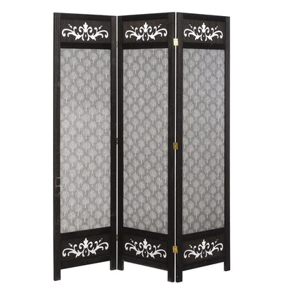 3 Panel Room Divider Solid Wood and Canvas with Decorative Cutouts Tree Design 67" Tall Black
