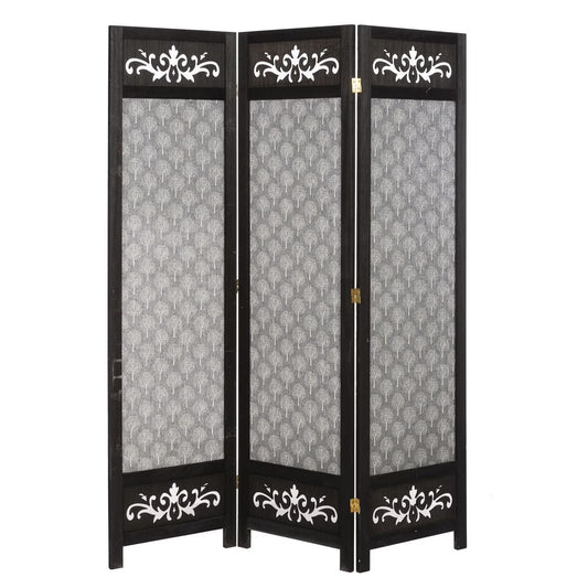 3 Panel Room Divider Solid Wood and Canvas with Decorative Cutouts Tree Design 67" Tall Black