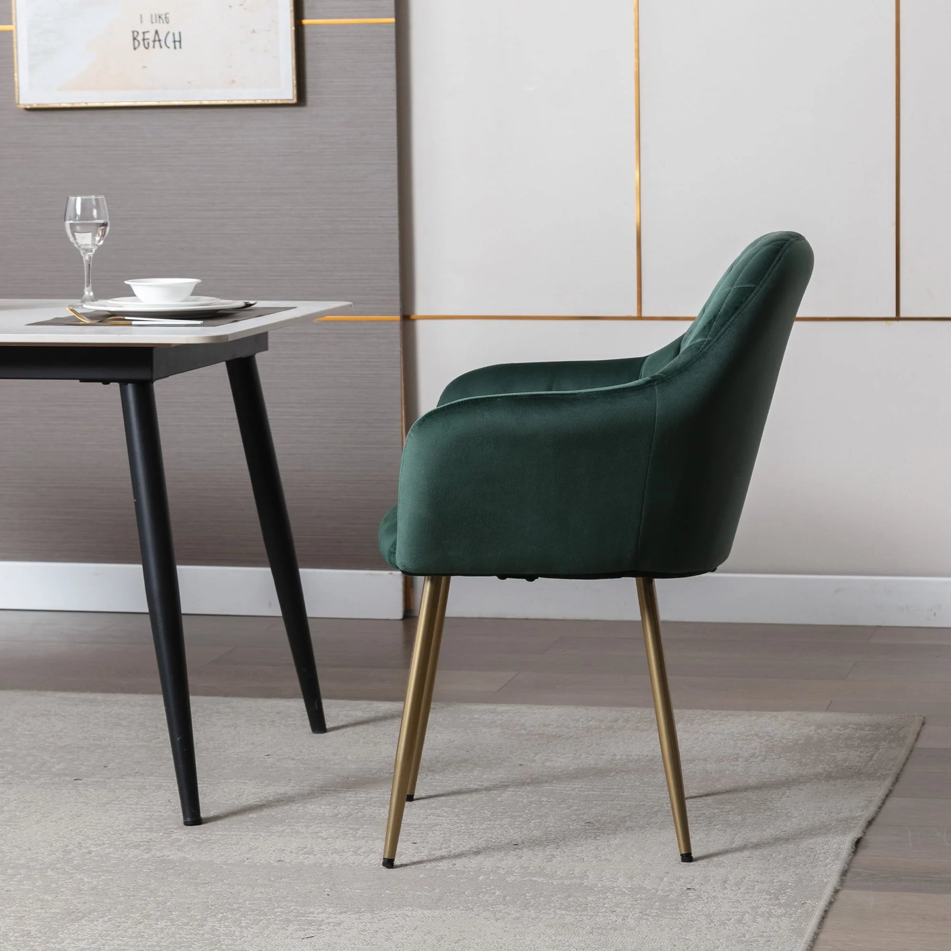 Vanbow Velvet Office Chair Upholstered Mid-Century Modern Office Chairs with Gold Legs for Kitchen Living Room Home Office Bedroom,Green
