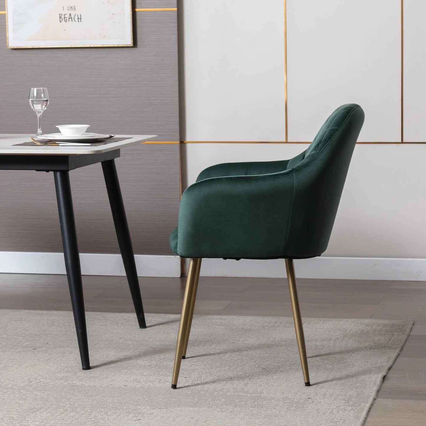 Vanbow Velvet Office Chair Upholstered Mid-Century Modern Office Chairs with Gold Legs for Kitchen Living Room Home Office Bedroom,Green