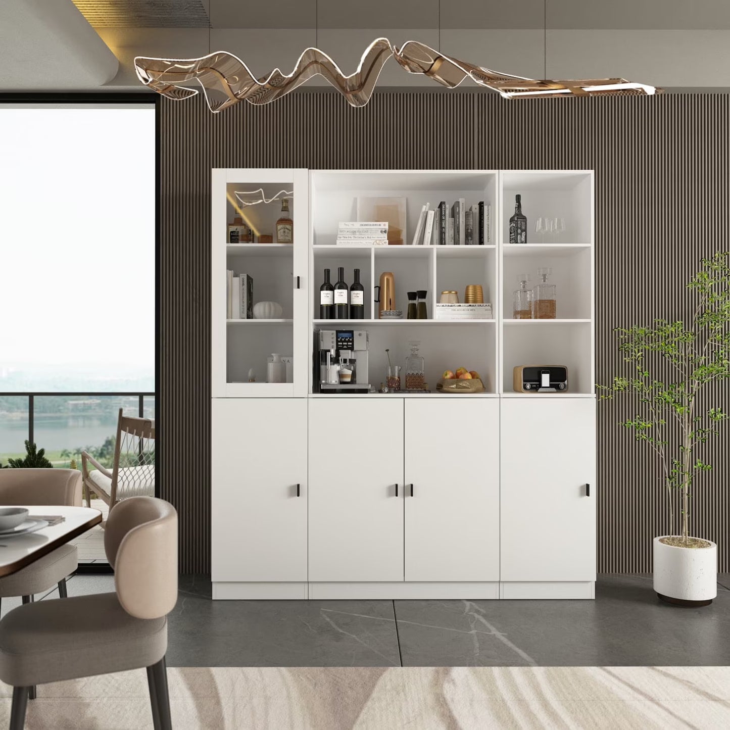 Modern Versatile Storage Cabinet Set, White 5-Door Bookcase Display Storage Organizer for Home Office Bedroom Living Room, 62.9"x12.2"x70.9"