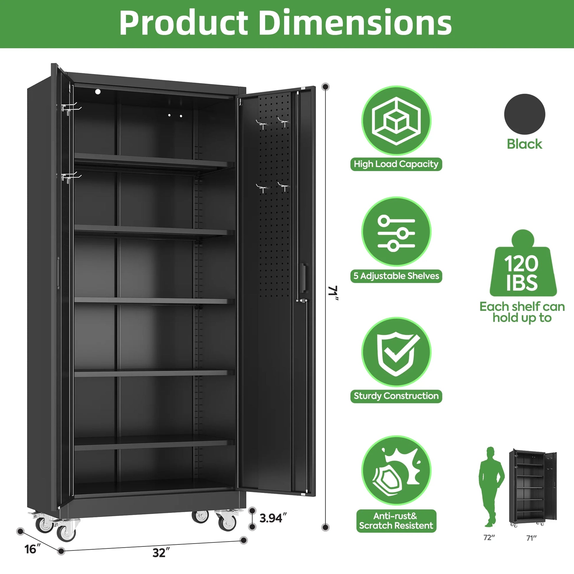 JAORD 71 In Metal Storage Cabinets with Locking Doors and Adjustable Shelves for Home Office, Garage and Utility Room (2 clasp hand, Black)