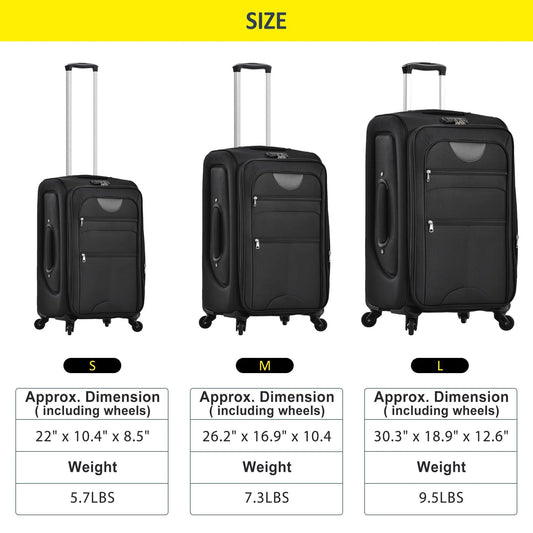 Zimtown 22in 26in 30in Softside Luggage, Expandable 3 Piece Set Suitcase Lightweight Luggage Travel Set, Black