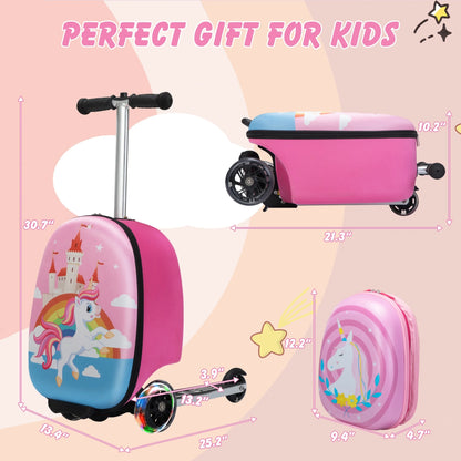 VLIVE 19 in Kids 2 Piece Unicorn Spinner Carry On Luggage with Scooter, Pink