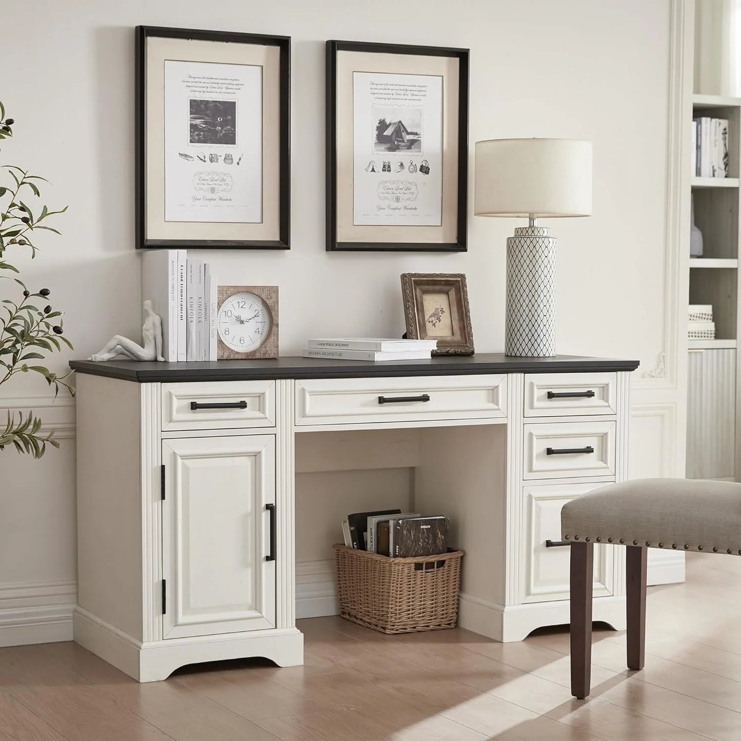 T4TREAM Farmhouse Wood 58" Executive Desk, Home Office 30" High Computer Desk with Drawers and Storage Cabinet, White