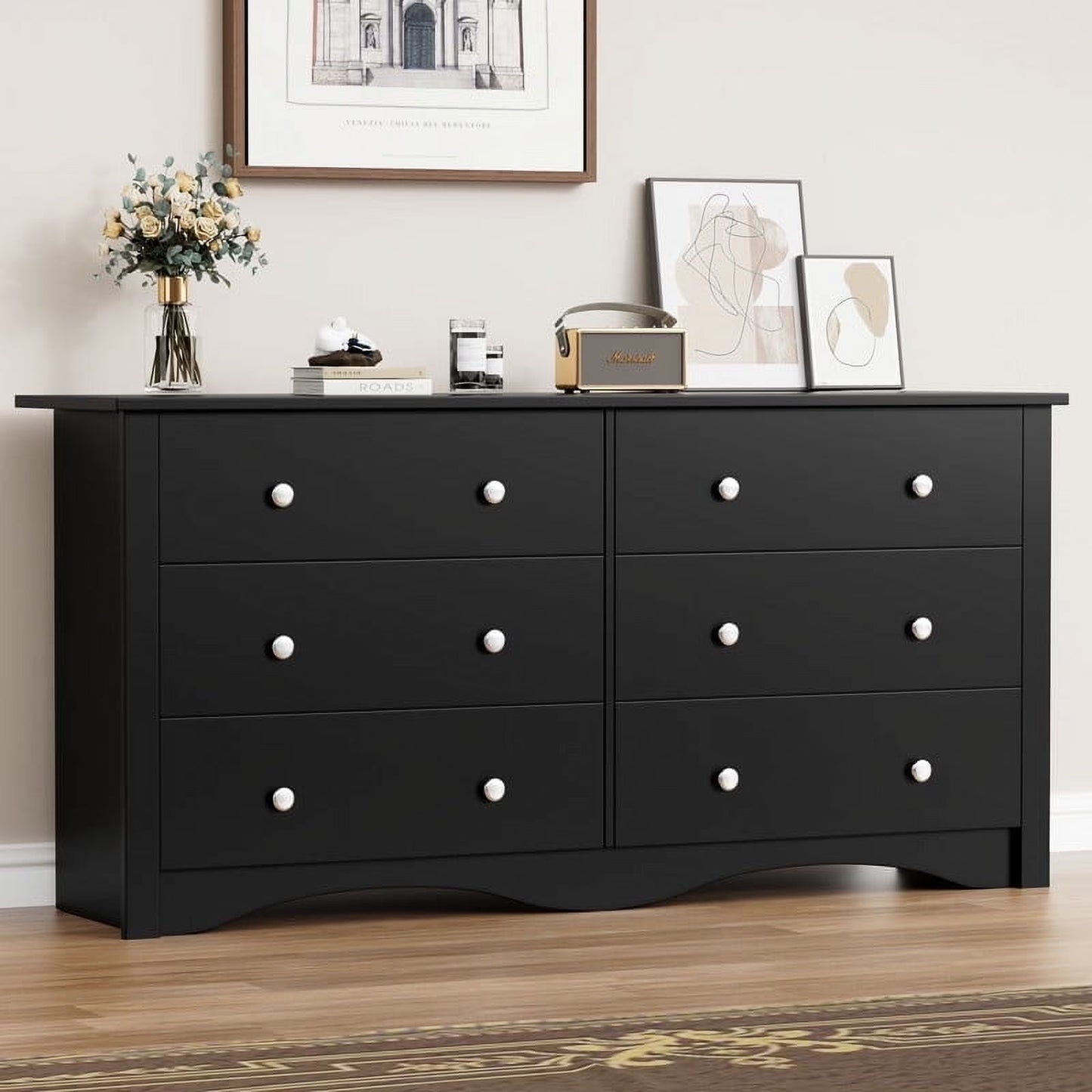 Lumihaven Rustic Modern Chest of 6 Drawers,Extra Wide Double Dresser for Master Bedroom or Nursery Storage,Black