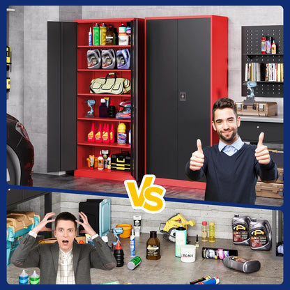 AUHUP 71" Metal Cabinet with 5 Adjustable Shelves, Garage Storage Cabinets with Locking Doors,Tool Storage Cabinet for Home Office,Warehouse,Workshop(Red Black)