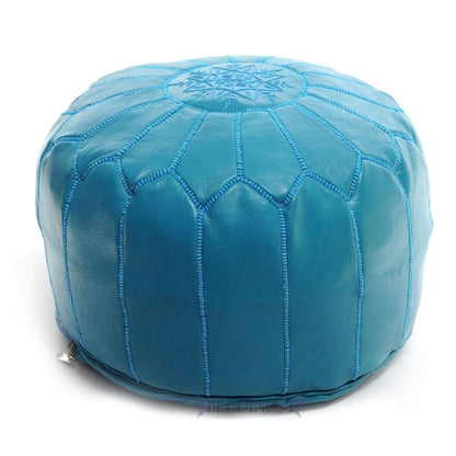 BeldiNest Moroccan Genuine Leather Pouf Ottoman - Pre-Filled, Handmade, Round Ottoman, Bohemian Footstool, Perfect Home Ottoman Footrest, Size: D20" H14"- Turquoise
