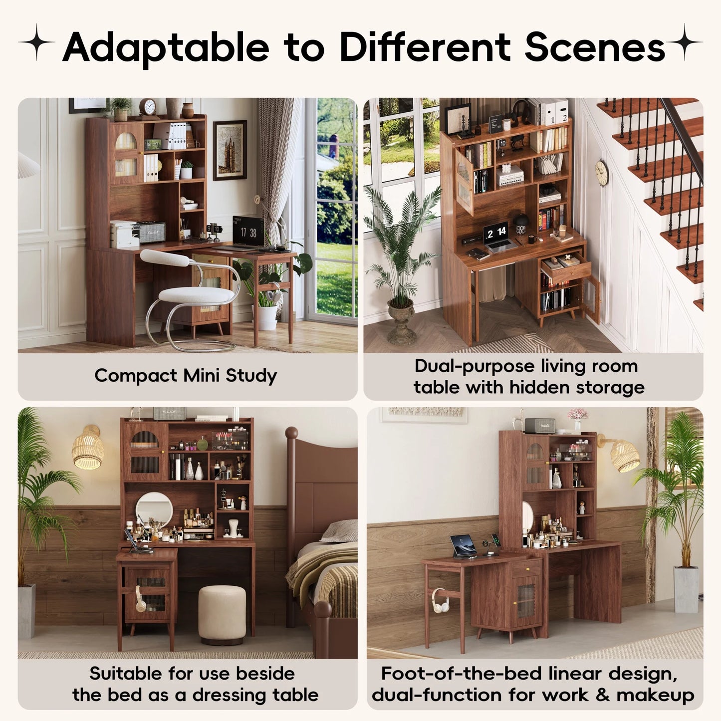 43'' Computer Desk with 90 Degree Rotating Desktop, L-Shaped Home Office Desk with Hutch and Drawer, Writing Desk with Storage Cabinet and Glass Doors for Bedroom Living Room, Walnut