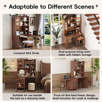 43'' Computer Desk with 90 Degree Rotating Desktop, L-Shaped Home Office Desk with Hutch and Drawer, Writing Desk with Storage Cabinet and Glass Doors for Bedroom Living Room, Walnut