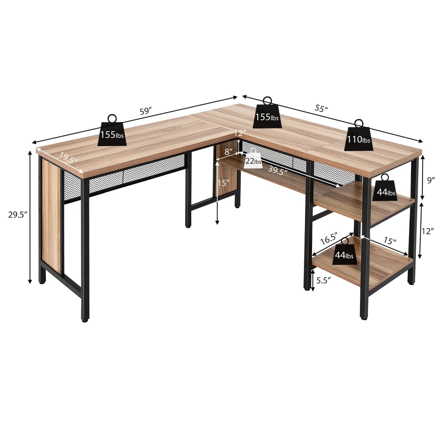 Costway L-Shaped Corner Computer Desk Home Office Workstation w/Storage Shelves Oak