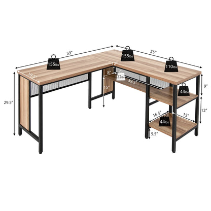 Costway L-Shaped Corner Computer Desk Home Office Workstation w/Storage Shelves Oak