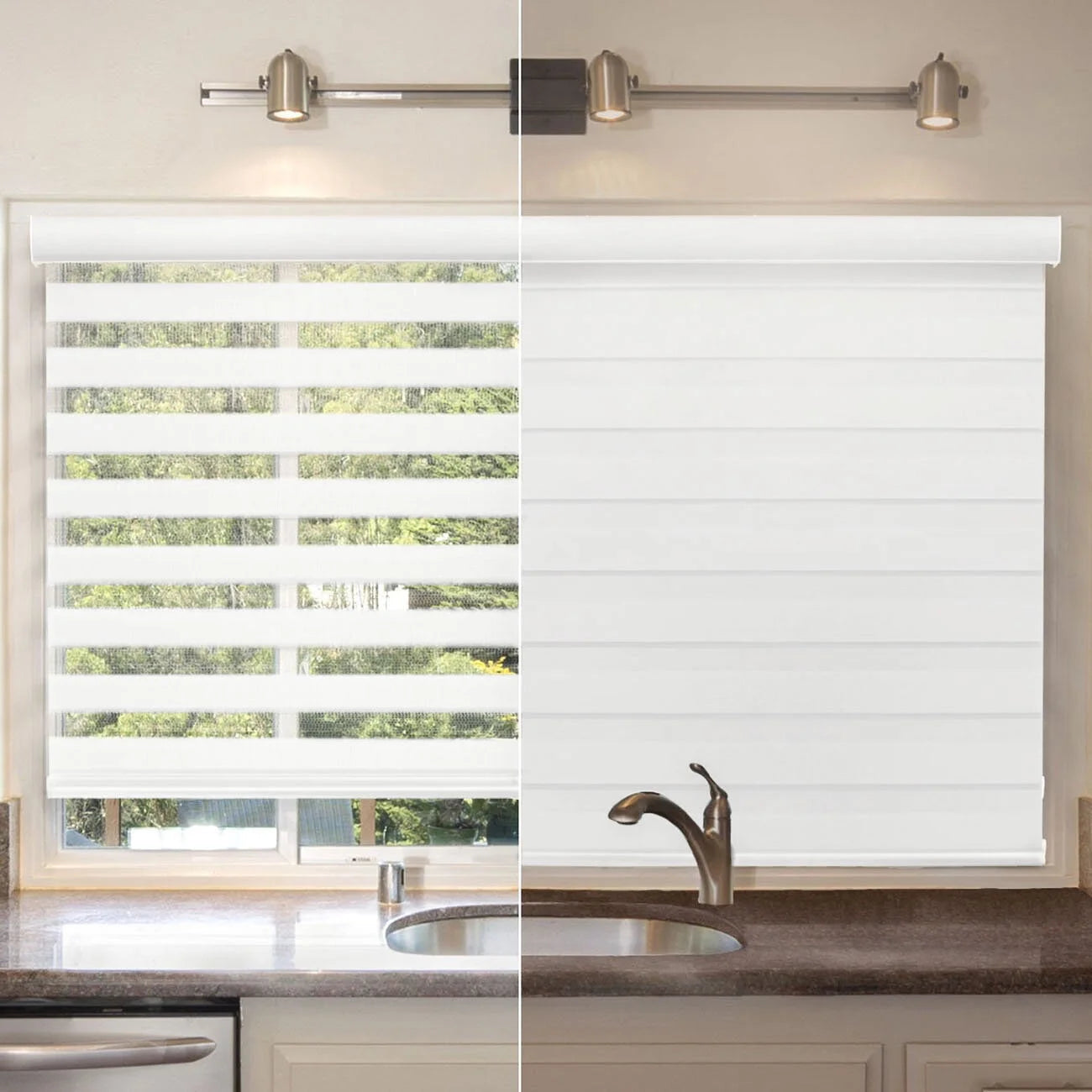 Zebra Cordless Window Blinds, Dual Layered Light Filtering Roller Shades, Easy Install Blinds, Indoor Home Decor, Pull-Down Shades for Windows, Light Control for Day & Night, White, 66"W X 72"H